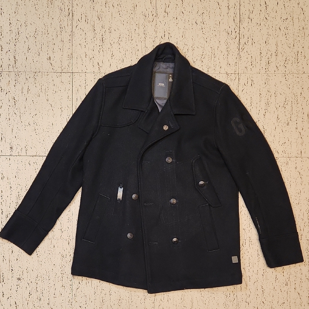 G Star Raw Black Wool Blend Button Down Pea Coat Casual Dress Jacket